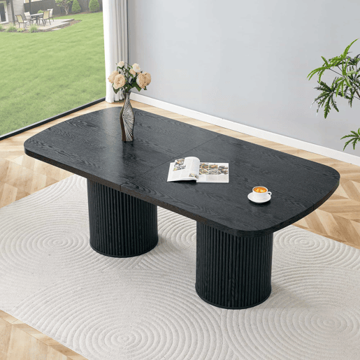 Mesa de jantar oval 180x90x76 cm u2014 design Wabi-Sabi com pé em coluna estriada, estilo Mid-Century e acabamento em MDF u2014 Preto Mesa de jantar oval 180x90x76 cm u2014 design Wabi-Sabi com pé em coluna estriada, estilo Mid-Century e acabamento em MDF u2014 Preto