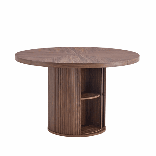 Mesa de jantar redonda 115 x 115 x 74 cm u2014 com espaço de arrumação, pé central com armário, estilo escandinavo moderno u2014 nogueira Mesa de jantar redonda 115 x 115 x 74 cm u2014 com espaço de arrumação, pé central com armário, estilo escandinavo moderno u2014 nogueira
