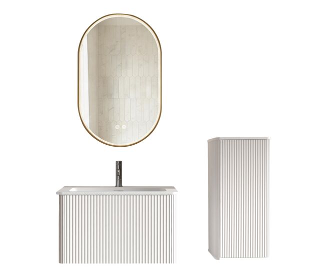 Conjunto mueble de baño 81cm - suspendido con lavabo, armario auxiliar y espejo led ovalado con marco dorado - blanco