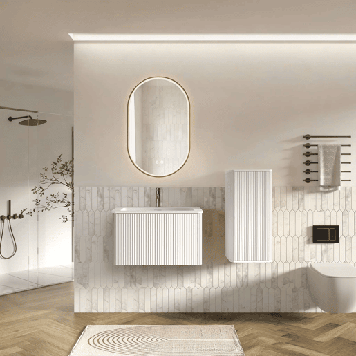 Conjunto de mobiliário de casa de banho de 81 cm u2013 suspenso com lavatório, armário auxiliar e espelho LED oval com moldura dourada u2013 Branco Conjunto de mobiliário de casa de banho de 81 cm u2013 suspenso com lavatório, armário auxiliar e espelho LED oval com moldura dourada u2013 Branco