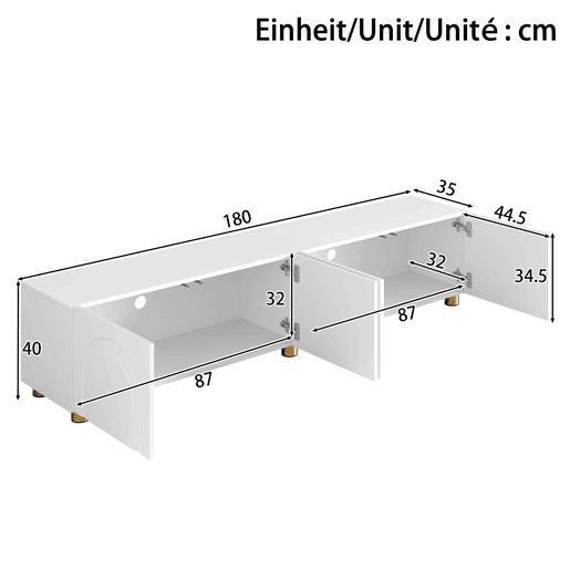 Móvel de TV baixo de 180 cm u2013 relevo arqueado, 4 portas, pés metálicos, arrumação para a sala de estar u2013 branco