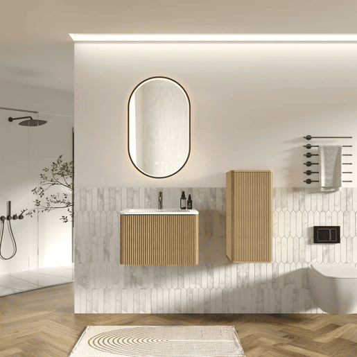 Conjunto de móveis de casa de banho de 61 cm u2013 com lavatório, armário auxiliar e espelho LED oval com moldura preta u2013 Carvalho Conjunto de móveis de casa de banho de 61 cm u2013 com lavatório, armário auxiliar e espelho LED oval com moldura preta u2013 Carvalho