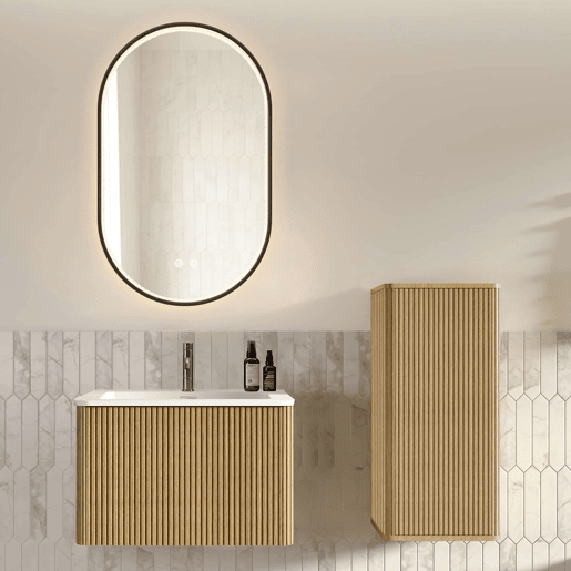 Conjunto de móveis de casa de banho de 61 cm u2013 com lavatório, armário auxiliar e espelho LED oval com moldura preta u2013 Carvalho Conjunto de móveis de casa de banho de 61 cm u2013 com lavatório, armário auxiliar e espelho LED oval com moldura preta u2013 Carvalho
