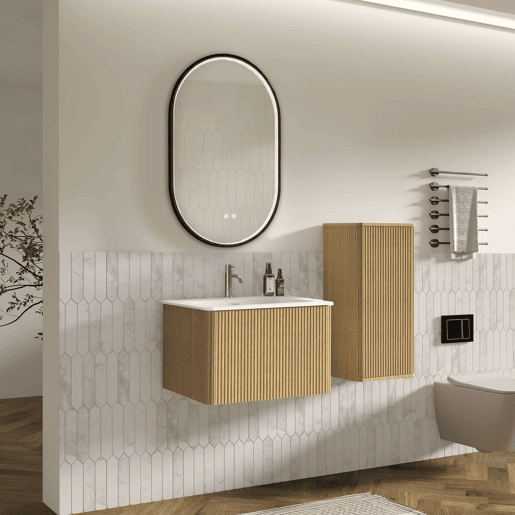 Conjunto de móveis de casa de banho de 61 cm u2013 com lavatório, armário auxiliar e espelho LED oval com moldura preta u2013 Carvalho Conjunto de móveis de casa de banho de 61 cm u2013 com lavatório, armário auxiliar e espelho LED oval com moldura preta u2013 Carvalho
