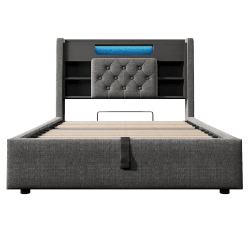 Cama estofada 90 x 200 cm - com baú hidráulico, iluminação LED, porta USBType-C, cabeceira com prateleira e espaço de arrumação - Cinza Cama estofada 90 x 200 cm - com baú hidráulico, iluminação LED, porta USBType-C, cabeceira com prateleira e espaço de arrumação - Cinza