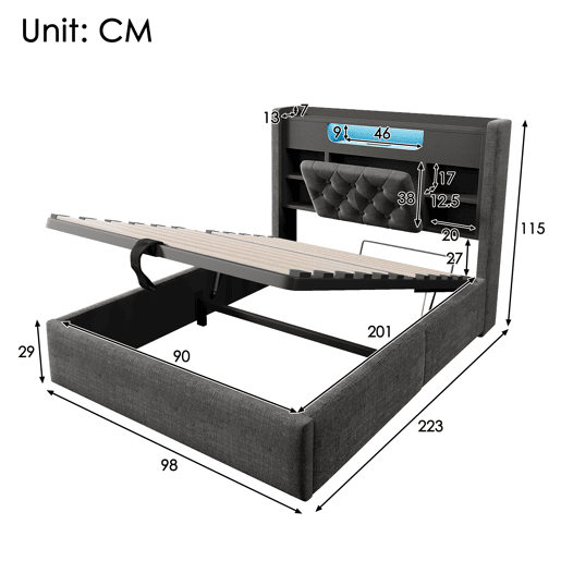 Cama estofada 90 x 200 cm - com baú hidráulico, iluminação LED, porta USBType-C, cabeceira com prateleira e espaço de arrumação - Cinza Cama estofada 90 x 200 cm - com baú hidráulico, iluminação LED, porta USBType-C, cabeceira com prateleira e espaço de arrumação - Cinza