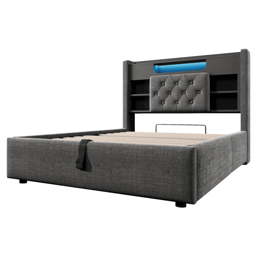 Cama estofada 90 x 200 cm - com baú hidráulico, iluminação LED, porta USBType-C, cabeceira com prateleira e espaço de arrumação - Cinza Cama estofada 90 x 200 cm - com baú hidráulico, iluminação LED, porta USBType-C, cabeceira com prateleira e espaço de arrumação - Cinza