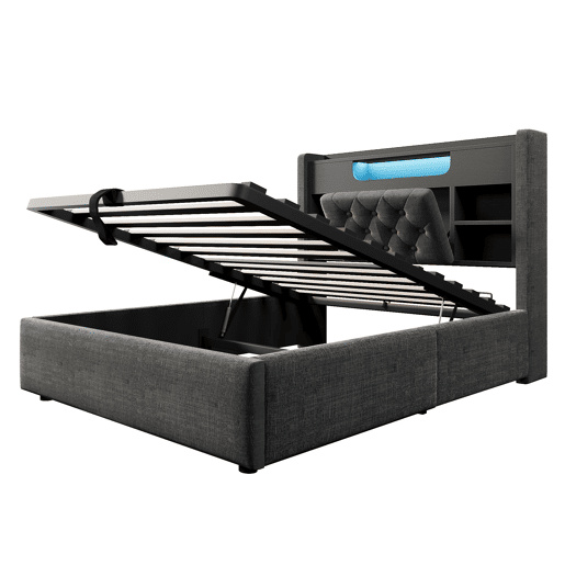 Cama estofada 90 x 200 cm - com baú hidráulico, iluminação LED, porta USBType-C, cabeceira com prateleira e espaço de arrumação - Cinza Cama estofada 90 x 200 cm - com baú hidráulico, iluminação LED, porta USBType-C, cabeceira com prateleira e espaço de arrumação - Cinza