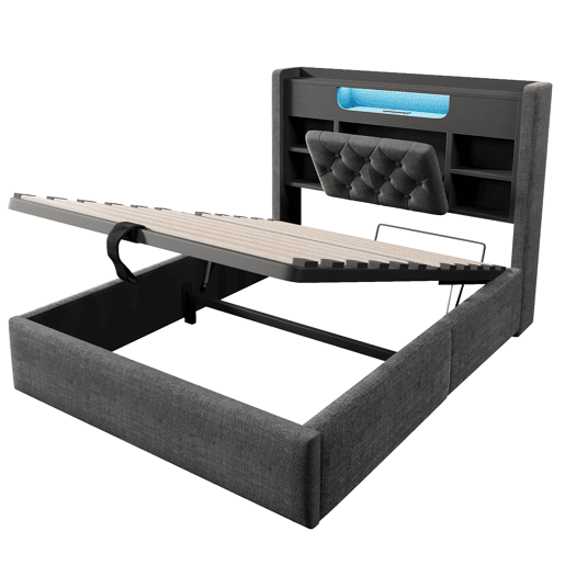 Cama estofada 90 x 200 cm - com baú hidráulico, iluminação LED, porta USBType-C, cabeceira com prateleira e espaço de arrumação - Cinza Cama estofada 90 x 200 cm - com baú hidráulico, iluminação LED, porta USBType-C, cabeceira com prateleira e espaço de arrumação - Cinza
