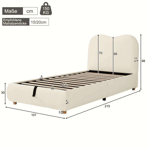 Cama estofada para criança 90x200 cm - hidráulica com base de colchão, cabeceira acolchoada e amplo espaço de arrumação - bege Cama estofada para criança 90x200 cm - hidráulica com base de colchão, cabeceira acolchoada e amplo espaço de arrumação - bege