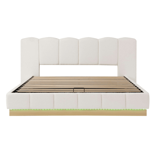 Cama estofada de casal 180x200 cm u2014 hidráulica, com baú rebatível, base de colchão, cabeceira com LED e amplo espaço de arrumação u2014 branco bouclé Cama estofada de casal 180x200 cm u2014 hidráulica, com baú rebatível, base de colchão, cabeceira com LED e amplo espaço de arrumação u2014 branco bouclé