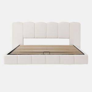 Cama estofada de casal 180x200 cm u2014 hidráulica, com baú rebatível, base de colchão, cabeceira com LED e amplo espaço de arrumação u2014 branco bouclé