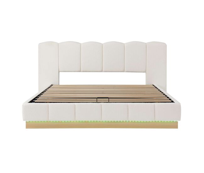 Cama tapizada doble 180x200 cm - hidráulica, con canapé abatible, somier, cabecero con led y gran almacenamiento - blanco bouclé