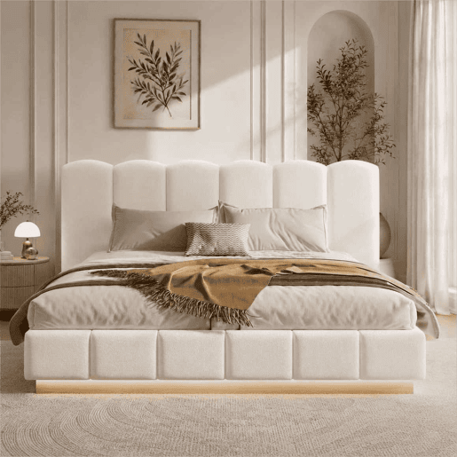 Cama estofada de casal 180x200 cm u2014 hidráulica, com baú rebatível, base de colchão, cabeceira com LED e amplo espaço de arrumação u2014 branco bouclé Cama estofada de casal 180x200 cm u2014 hidráulica, com baú rebatível, base de colchão, cabeceira com LED e amplo espaço de arrumação u2014 branco bouclé