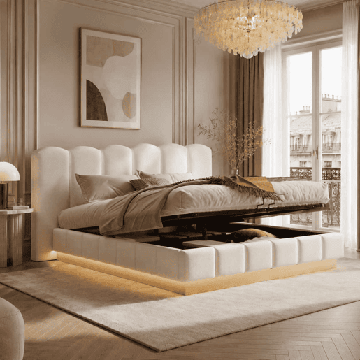 Cama estofada de casal 180x200 cm u2014 hidráulica, com baú rebatível, base de colchão, cabeceira com LED e amplo espaço de arrumação u2014 branco bouclé Cama estofada de casal 180x200 cm u2014 hidráulica, com baú rebatível, base de colchão, cabeceira com LED e amplo espaço de arrumação u2014 branco bouclé