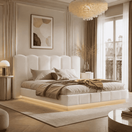 Cama estofada de casal 180x200 cm u2014 hidráulica, com baú rebatível, base de colchão, cabeceira com LED e amplo espaço de arrumação u2014 branco bouclé Cama estofada de casal 180x200 cm u2014 hidráulica, com baú rebatível, base de colchão, cabeceira com LED e amplo espaço de arrumação u2014 branco bouclé