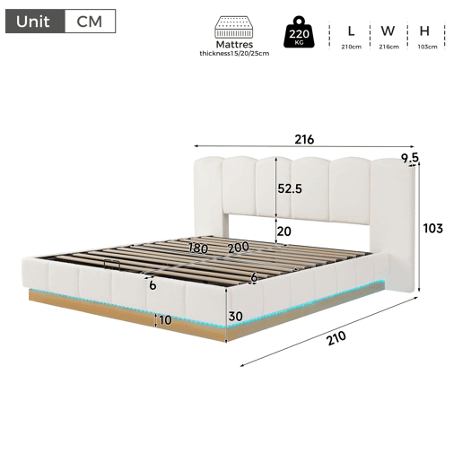 Cama estofada de casal 180x200 cm u2014 hidráulica, com baú rebatível, base de colchão, cabeceira com LED e amplo espaço de arrumação u2014 branco bouclé Cama estofada de casal 180x200 cm u2014 hidráulica, com baú rebatível, base de colchão, cabeceira com LED e amplo espaço de arrumação u2014 branco bouclé