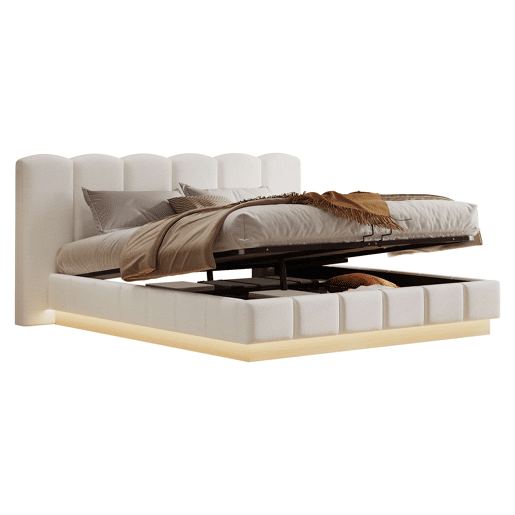 Cama estofada de casal 180x200 cm u2014 hidráulica, com baú rebatível, base de colchão, cabeceira com LED e amplo espaço de arrumação u2014 branco bouclé Cama estofada de casal 180x200 cm u2014 hidráulica, com baú rebatível, base de colchão, cabeceira com LED e amplo espaço de arrumação u2014 branco bouclé