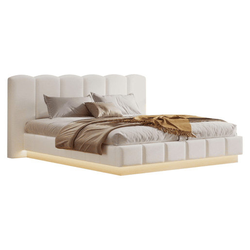 Cama estofada de casal 180x200 cm u2014 hidráulica, com baú rebatível, base de colchão, cabeceira com LED e amplo espaço de arrumação u2014 branco bouclé Cama estofada de casal 180x200 cm u2014 hidráulica, com baú rebatível, base de colchão, cabeceira com LED e amplo espaço de arrumação u2014 branco bouclé