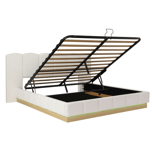 Cama estofada de casal 180x200 cm u2014 hidráulica, com baú rebatível, base de colchão, cabeceira com LED e amplo espaço de arrumação u2014 branco bouclé Cama estofada de casal 180x200 cm u2014 hidráulica, com baú rebatível, base de colchão, cabeceira com LED e amplo espaço de arrumação u2014 branco bouclé