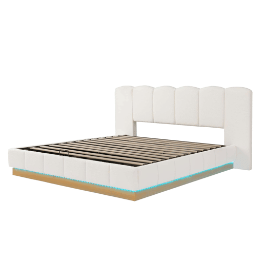 Cama estofada de casal 180x200 cm u2014 hidráulica, com baú rebatível, base de colchão, cabeceira com LED e amplo espaço de arrumação u2014 branco bouclé Cama estofada de casal 180x200 cm u2014 hidráulica, com baú rebatível, base de colchão, cabeceira com LED e amplo espaço de arrumação u2014 branco bouclé