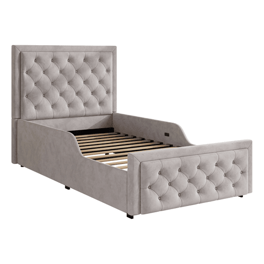 Cama estofada 90x200 cm - cama individual infantil com arrumação hidráulica, cabeceira almofadada e base de colchão - cinzenta Cama estofada 90x200 cm - cama individual infantil com arrumação hidráulica, cabeceira almofadada e base de colchão - cinzenta