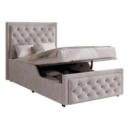 Cama estofada 90x200 cm - cama individual infantil com arrumação hidráulica, cabeceira almofadada e base de colchão - cinzenta Cama estofada 90x200 cm - cama individual infantil com arrumação hidráulica, cabeceira almofadada e base de colchão - cinzenta