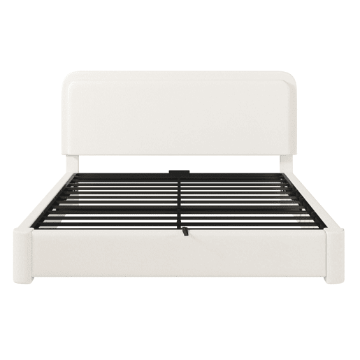 Cama de casal 160x200 cm - hidráulica com espaço de arrumação, cabeceira ajustável e almofadada, com base de colchão - branco bouclé