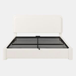 Cama de casal 160x200 cm - hidráulica com espaço de arrumação, cabeceira ajustável e almofadada, com base de colchão - branco bouclé