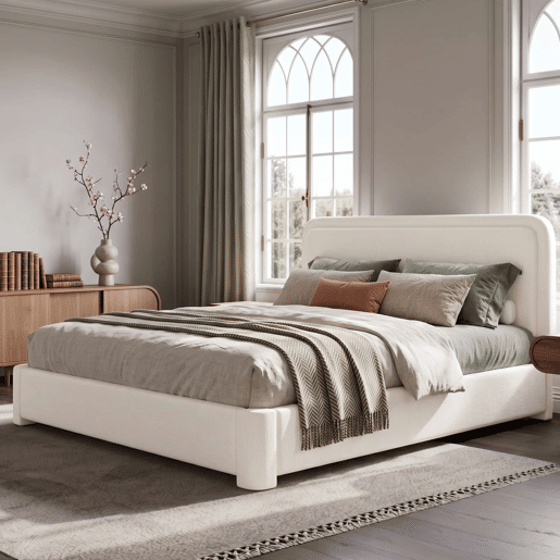 Cama de casal 160x200 cm - hidráulica com espaço de arrumação, cabeceira ajustável e almofadada, com base de colchão - branco bouclé