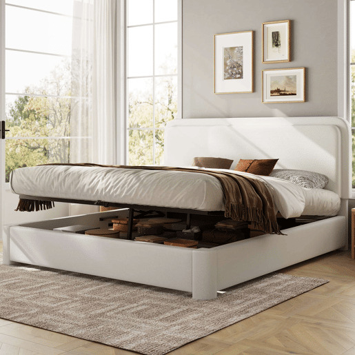 Cama de casal 160x200 cm - hidráulica com espaço de arrumação, cabeceira ajustável e almofadada, com base de colchão - branco bouclé