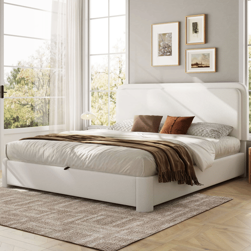 Cama de casal 160x200 cm - hidráulica com espaço de arrumação, cabeceira ajustável e almofadada, com base de colchão - branco bouclé