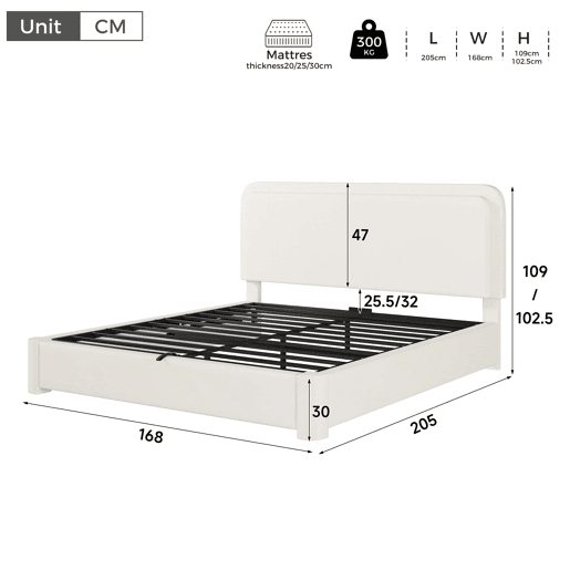 Cama de casal 160x200 cm - hidráulica com espaço de arrumação, cabeceira ajustável e almofadada, com base de colchão - branco bouclé