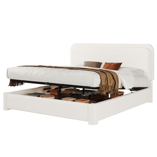 Cama de casal 160x200 cm - hidráulica com espaço de arrumação, cabeceira ajustável e almofadada, com base de colchão - branco bouclé