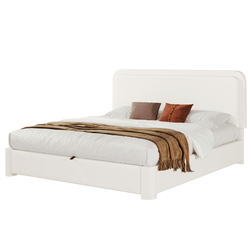 Cama de casal 160x200 cm - hidráulica com espaço de arrumação, cabeceira ajustável e almofadada, com base de colchão - branco bouclé