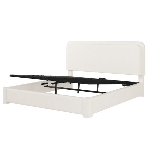 Cama de casal 160x200 cm - hidráulica com espaço de arrumação, cabeceira ajustável e almofadada, com base de colchão - branco bouclé
