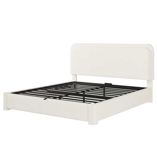 Cama de casal 160x200 cm - hidráulica com espaço de arrumação, cabeceira ajustável e almofadada, com base de colchão - branco bouclé