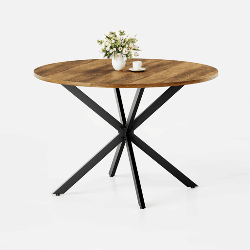 Mesa de jantar redonda de 120 cm - estilo rústico tipo quinta com pés em X, mesa multifuncional para cozinha, sala de estar, escritório, varanda ou café, design retro - castanho e preto