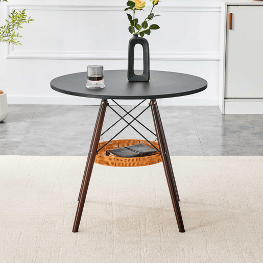 Mesa de jantar redonda Ø80 cm - Design moderno com prateleira suspensa em trançado, tampo em MDF e pernas em madeira maciça - Nogueira e preto Mesa de jantar redonda Ø80 cm - Design moderno com prateleira suspensa em trançado, tampo em MDF e pernas em madeira maciça - Nogueira e preto