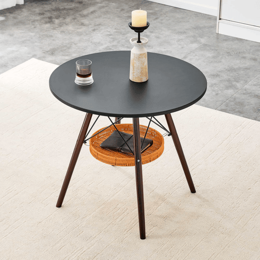 Mesa de jantar redonda Ø80 cm - Design moderno com prateleira suspensa em trançado, tampo em MDF e pernas em madeira maciça - Nogueira e preto Mesa de jantar redonda Ø80 cm - Design moderno com prateleira suspensa em trançado, tampo em MDF e pernas em madeira maciça - Nogueira e preto