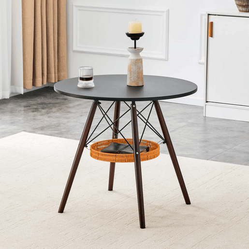 Mesa de jantar redonda Ø80 cm - Design moderno com prateleira suspensa em trançado, tampo em MDF e pernas em madeira maciça - Nogueira e preto Mesa de jantar redonda Ø80 cm - Design moderno com prateleira suspensa em trançado, tampo em MDF e pernas em madeira maciça - Nogueira e preto