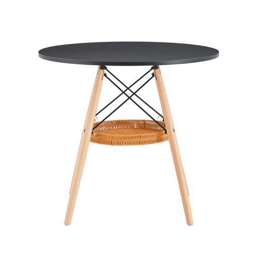 Mesa de jantar redonda Ø80 cm - tampo em MDF, pernas em madeira maciça e cesto de arrumação entrançado - preto e madeira Mesa de jantar redonda Ø80 cm - tampo em MDF, pernas em madeira maciça e cesto de arrumação entrançado - preto e madeira