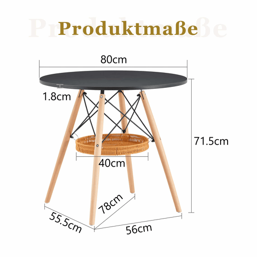 Mesa de jantar redonda Ø80 cm - tampo em MDF, pernas em madeira maciça e cesto de arrumação entrançado - preto e madeira Mesa de jantar redonda Ø80 cm - tampo em MDF, pernas em madeira maciça e cesto de arrumação entrançado - preto e madeira