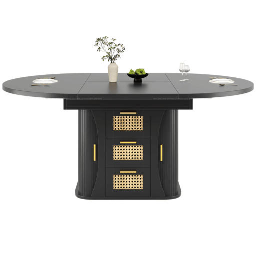 Mesa de jantar extensível 118u2013158 cm - com arrumação, gavetas em rattan, MDF com efeito de madeira - Preto Mesa de jantar extensível 118u2013158 cm - com arrumação, gavetas em rattan, MDF com efeito de madeira - Preto