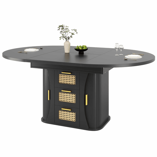 Mesa de jantar extensível 118u2013158 cm - com arrumação, gavetas em rattan, MDF com efeito de madeira - Preto Mesa de jantar extensível 118u2013158 cm - com arrumação, gavetas em rattan, MDF com efeito de madeira - Preto