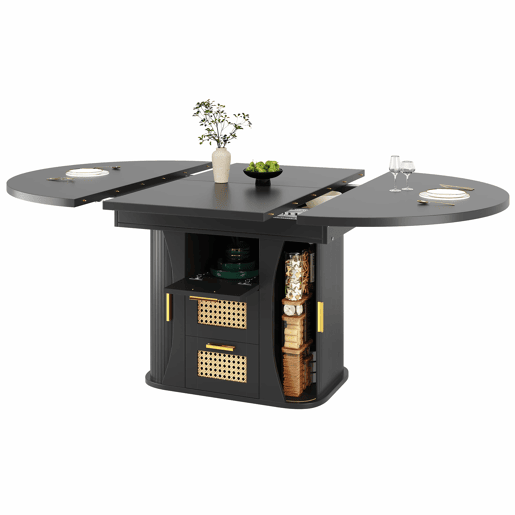 Mesa de jantar extensível 118u2013158 cm - com arrumação, gavetas em rattan, MDF com efeito de madeira - Preto Mesa de jantar extensível 118u2013158 cm - com arrumação, gavetas em rattan, MDF com efeito de madeira - Preto