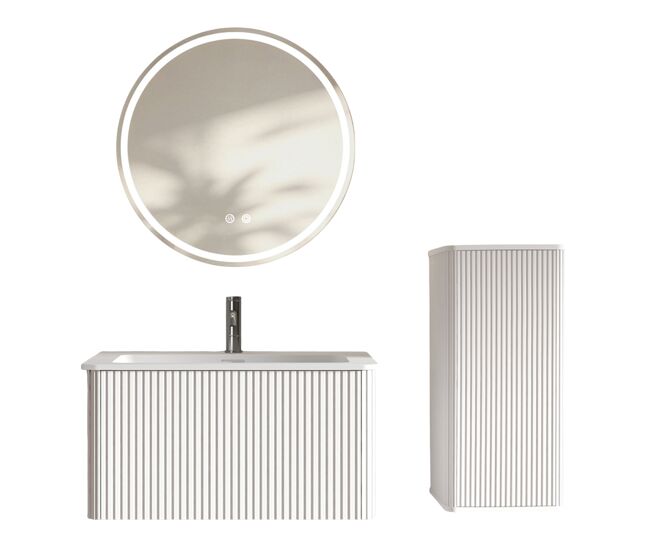 Conjunto de mueble de baño 81cm - suspendido con lavabo, espejo led redondo, moderno con armario auxiliar - blanco