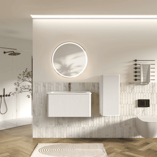 Conjunto de móveis de casa de banho de 81 cm - Suspenso com lavatório, espelho LED redondo, moderno com armário auxiliar - Branco Conjunto de móveis de casa de banho de 81 cm - Suspenso com lavatório, espelho LED redondo, moderno com armário auxiliar - Branco