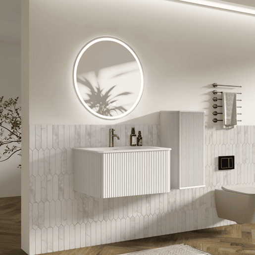 Conjunto de móveis de casa de banho de 81 cm - Suspenso com lavatório, espelho LED redondo, moderno com armário auxiliar - Branco Conjunto de móveis de casa de banho de 81 cm - Suspenso com lavatório, espelho LED redondo, moderno com armário auxiliar - Branco