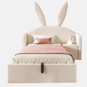 Cama estofada 90 x 190 cm - cabeceira com orelhas de coelho, arrumação hidráulica e mesa de cabeceira, veludo - bege